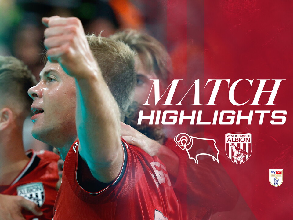 Derby County highlights with both badges on and an image of Aune Heggebø celebrating his goal in the red kit 