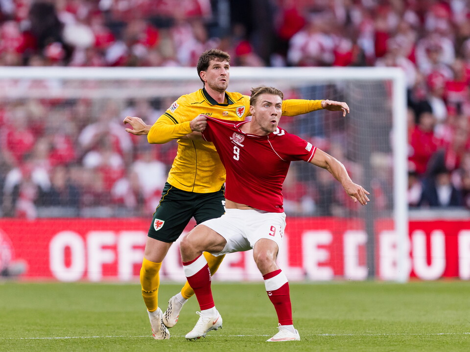 A photo of Albion defender Chris Mepham playing against Denmark for national side, Wales