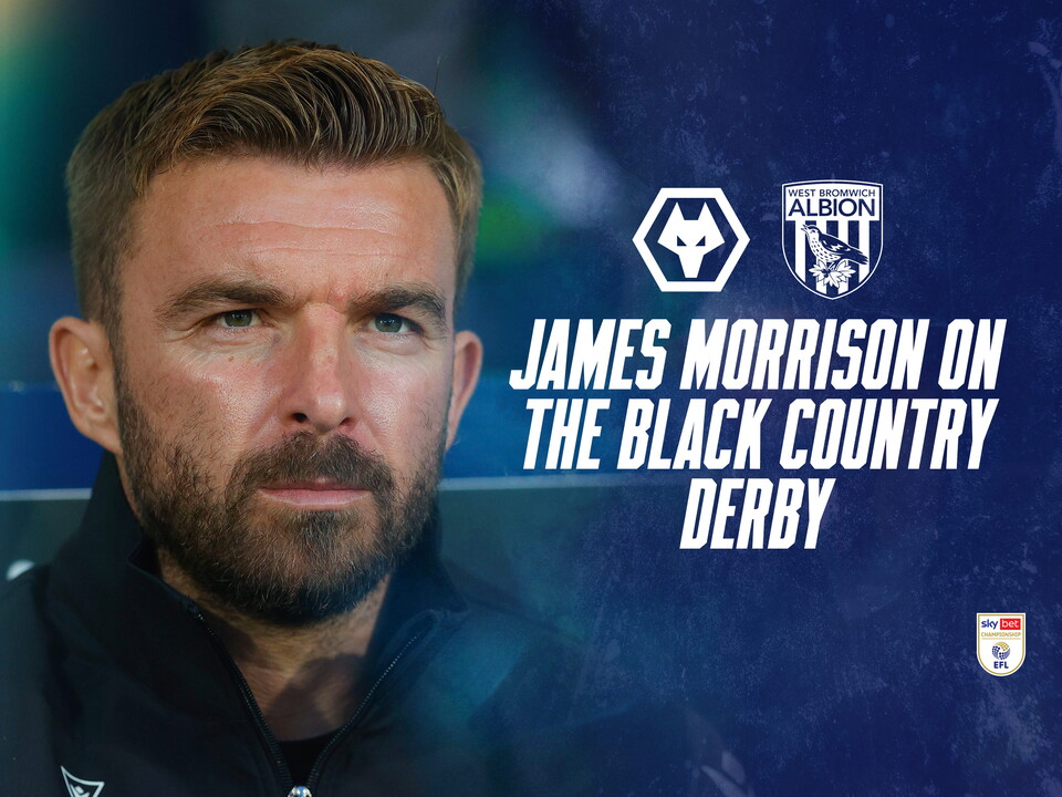 James Morrison looking forward with 'James Morrison on the Black Country derby' written on with both badges 