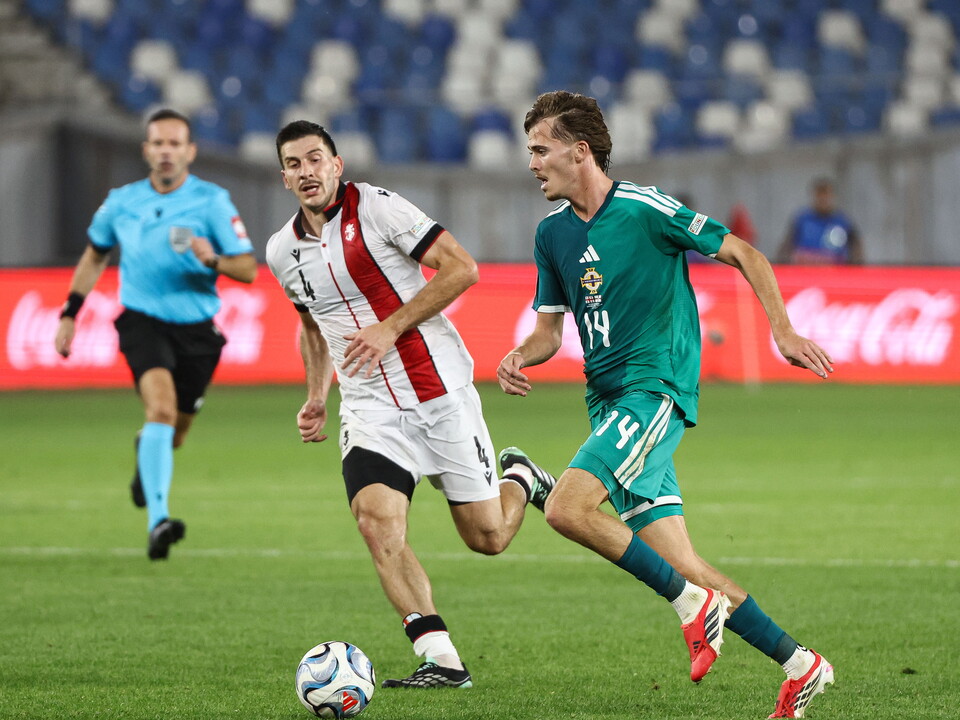 Isaac Price on the ball for Northern Ireland against Georgia in a Nations League game