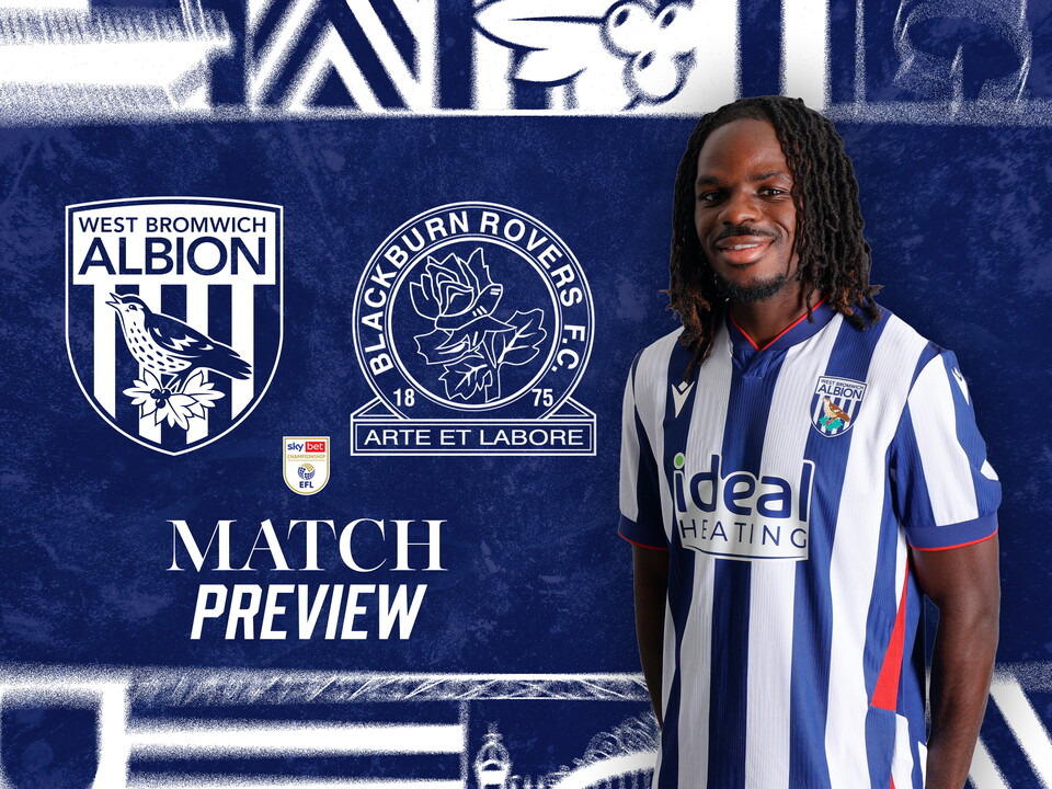 home match preview graphic with WBA & Blackburn badges on, as well as an image of Brayann Pereira smiling at the camera in the home kit 