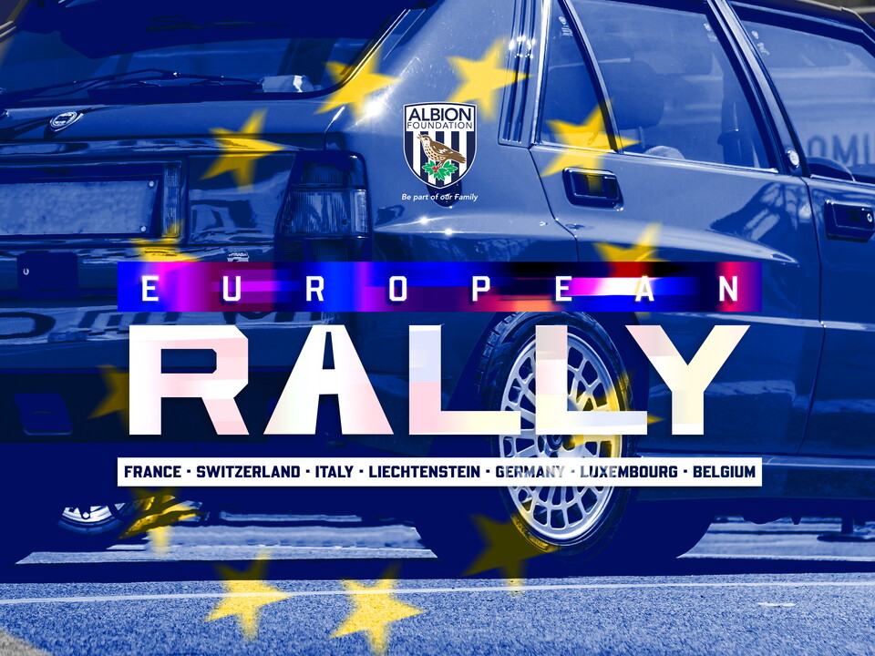 The image features a blue rally car overlaid with yellow European stars and large text reading “European Rally.” Additional text lists the route: France, Switzerland, Italy, Liechtenstein, Germany, Luxembourg and Belgium, alongside The Albion Foundation logo.