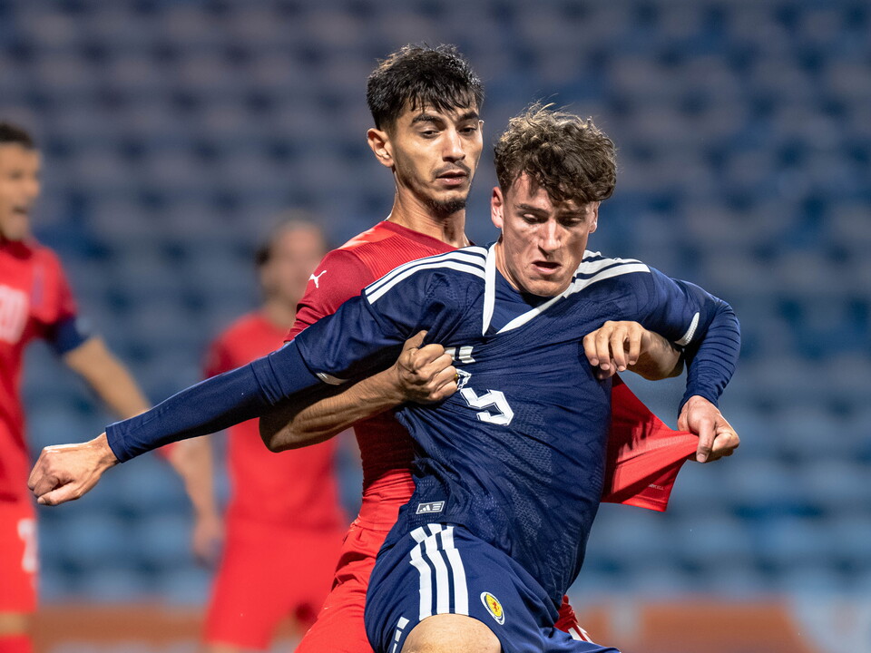 Barney Stewart in action for Scotland's Under-21 side against Azerbaijan 