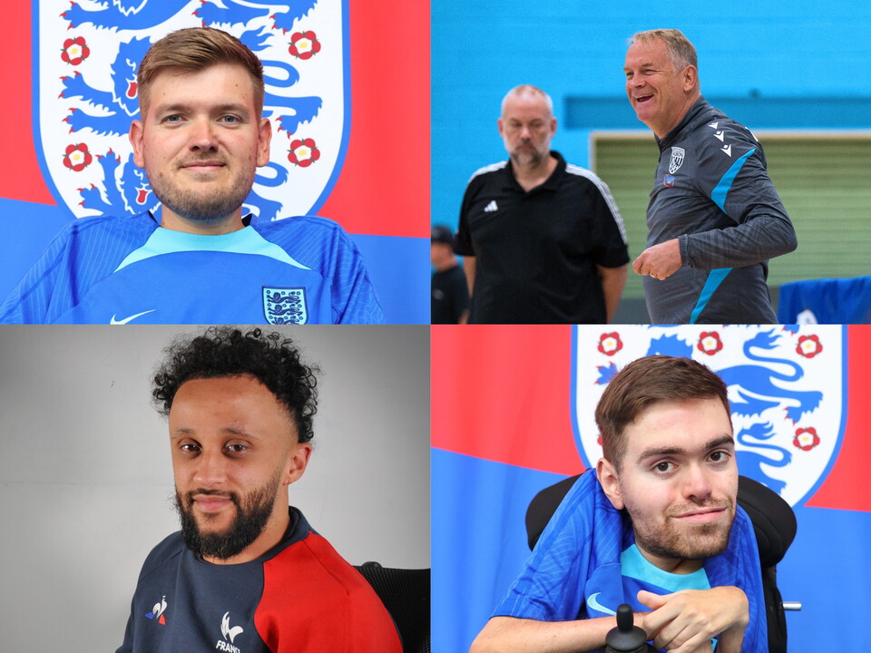Collage featuring four members of the West Bromwich Albion Powerchair Football Club World Cup contingent. Chris Gordon & Marcus Harrison wearing England-branded kit, Coach Colin Gordon pictured courtside during an indoor powerchair football session, and Bryan Weiss wearing France team apparel. The portraits are arranged in a four-panel layout.
