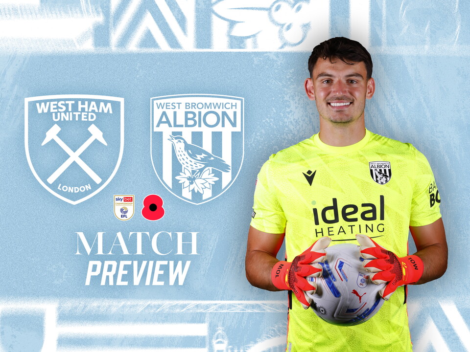 Third kit match preview with West Ham & WBA badges with an image of Max O'Leary in the yellow goalkeeper kit smiling at the camera 