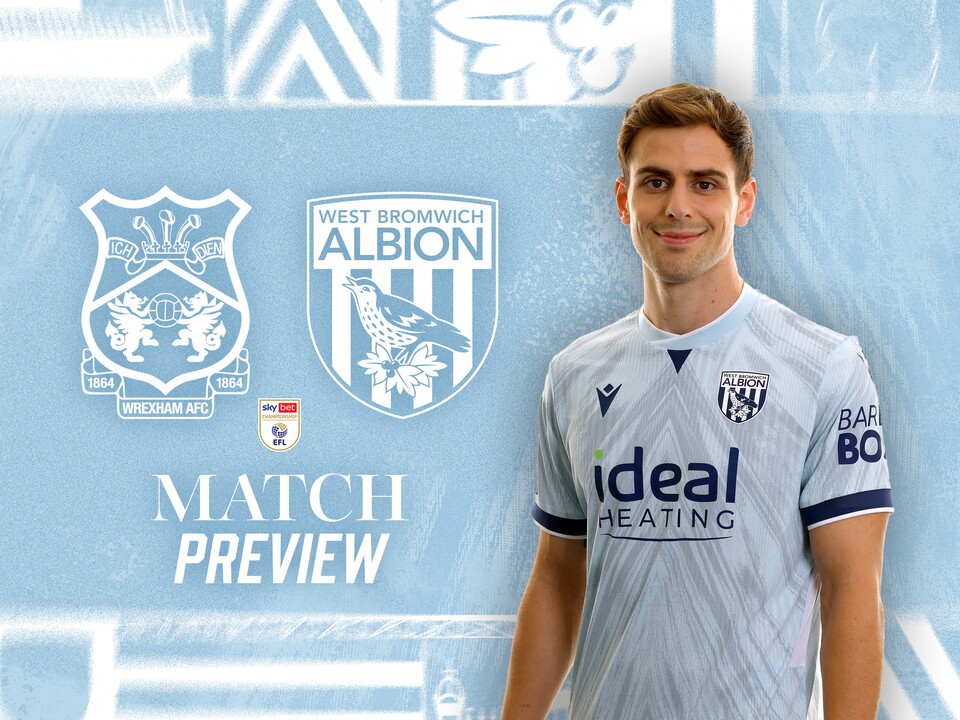 Third kit match preview with Wrexham & WBA badges with an image of Jayson Molumby in the third kit smiling at the camera 