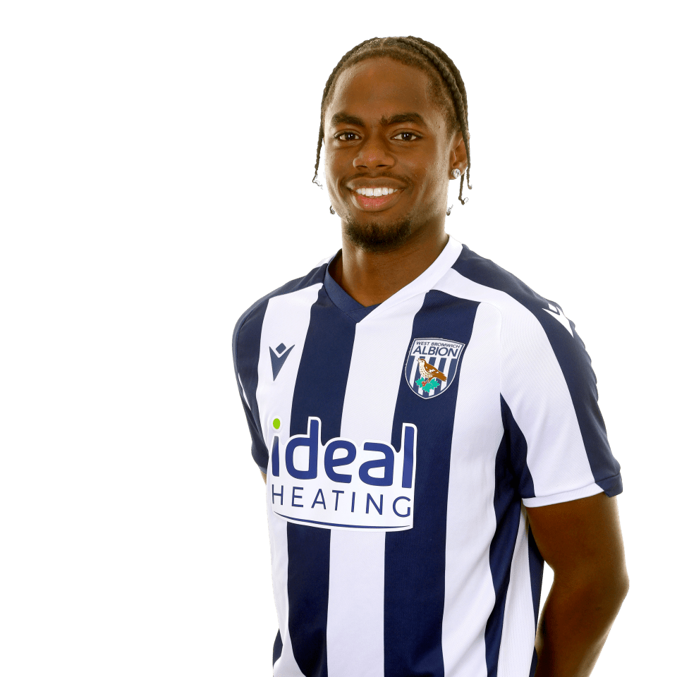 A photo of Albion U21 attacker Akeel Higgins in the 2025/26 home kit