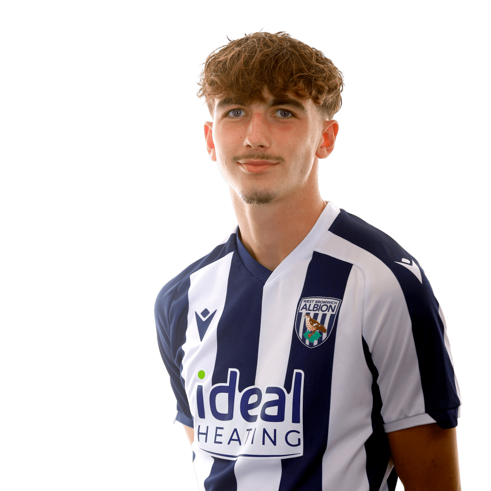 A photo of Albion U18 defender Alfie Maughan in the 2025/26 home kit
