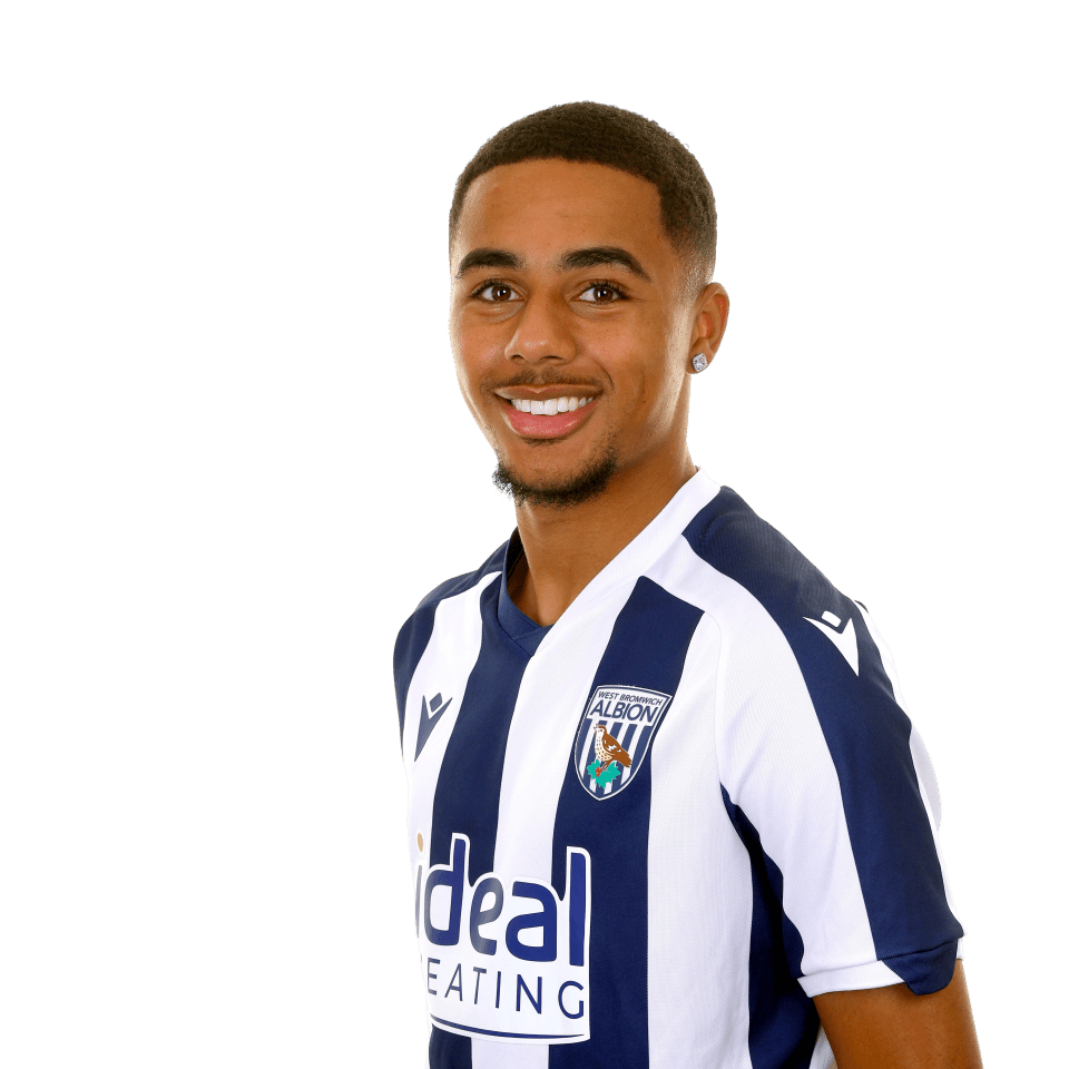 A photo of Albion U21 defender Deago Nelson in the 2025/26 home kit
