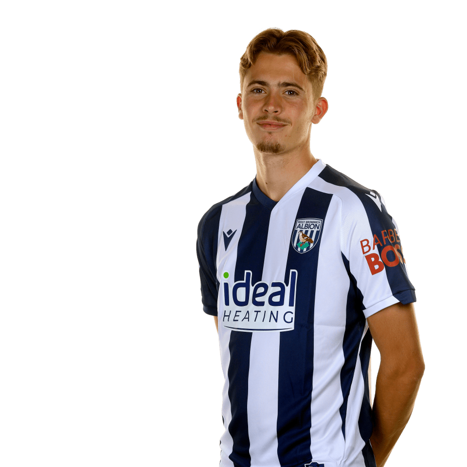 A photo of Albion midfielder Isaac Price in the 2025/26 home kit