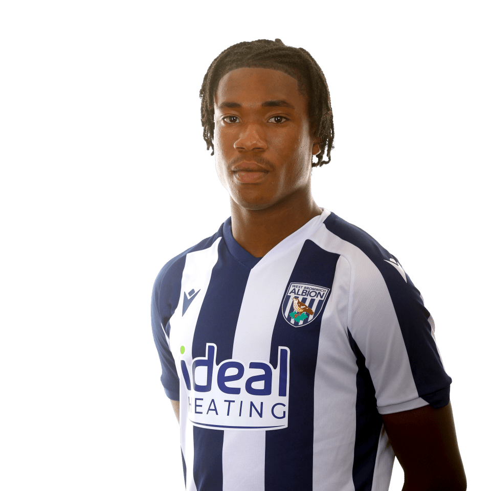 A photo of Albion U18 defender Joel Asomugha in the 2025/26 home kit