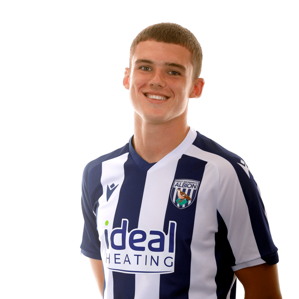 A photo of Albion U18 midfielder Matt Crowther in the 2025/26 home kit