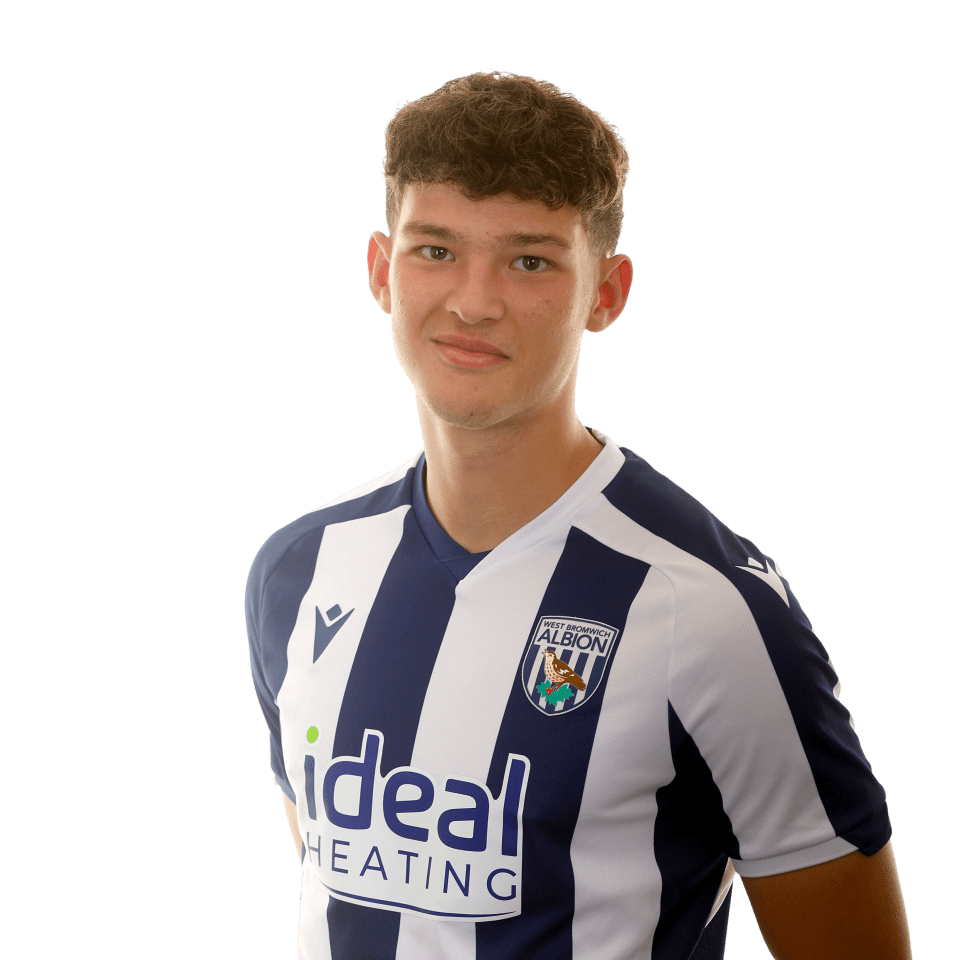 A photo of Albion U18 defender Noah DuPont in the 2025/26 home kit