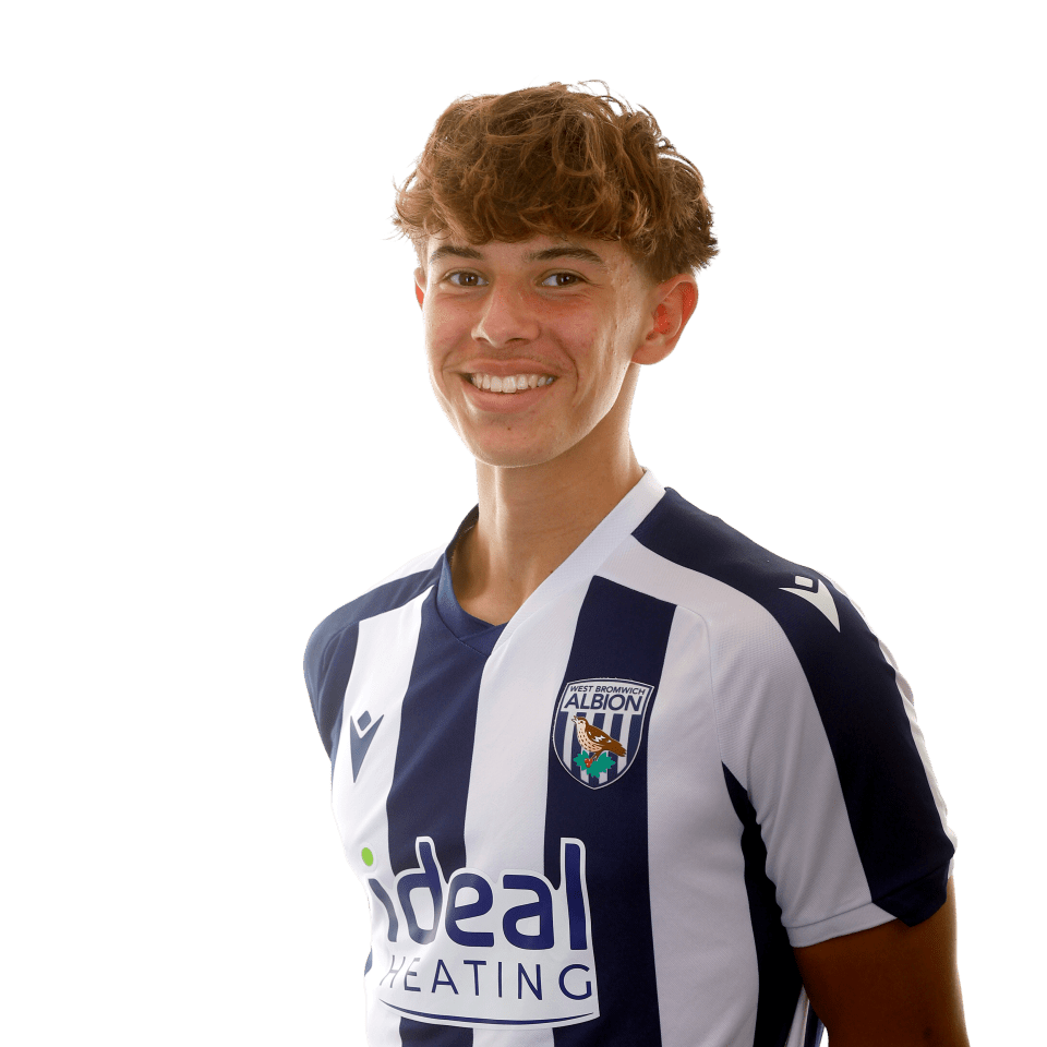 A photo of Albion U18 defender Theo Jackson in the 2025/26 home kit