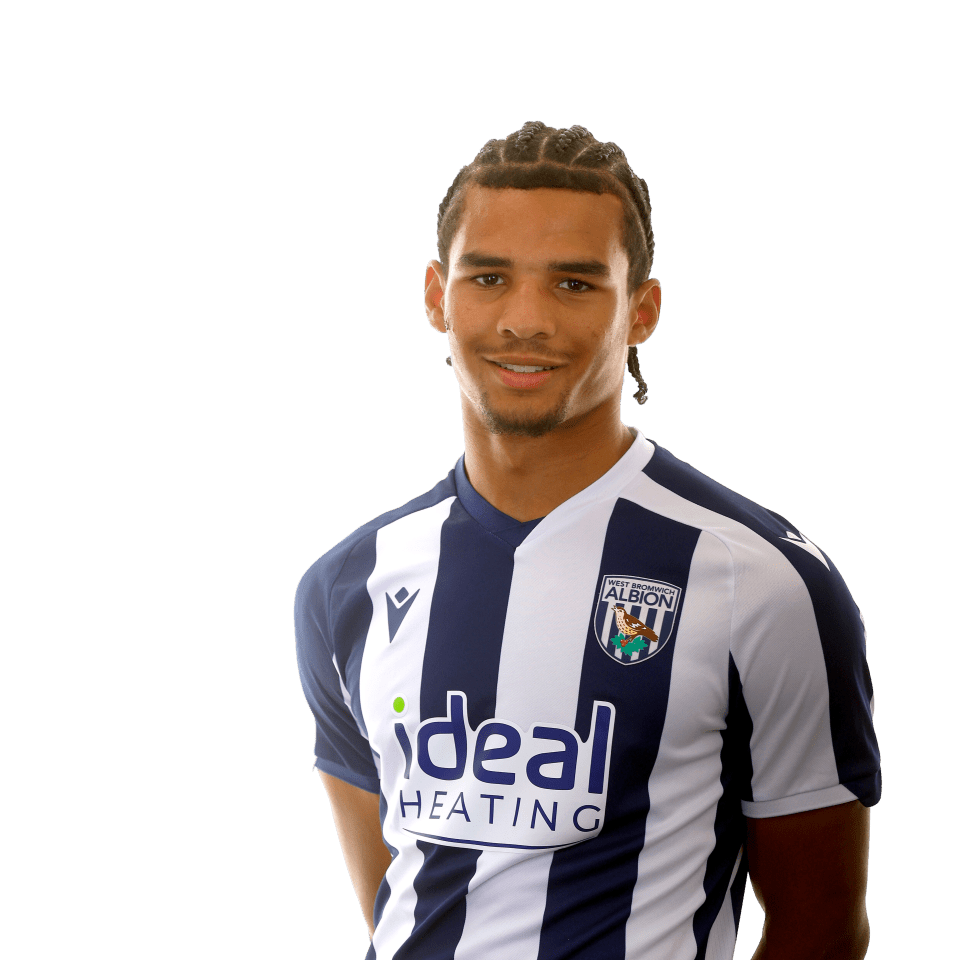 A photo of Albion U18 defender Antonio Perkins in the 2025/26 home kit